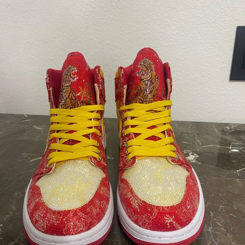 Custom Red, Yellow Rhinestone Crystal Nike Air Jordan Sneakers,Size Euro 41,
